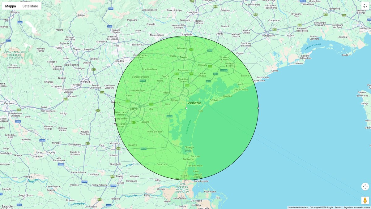 Mappa area servita: province di Venezia, Padova e Treviso
