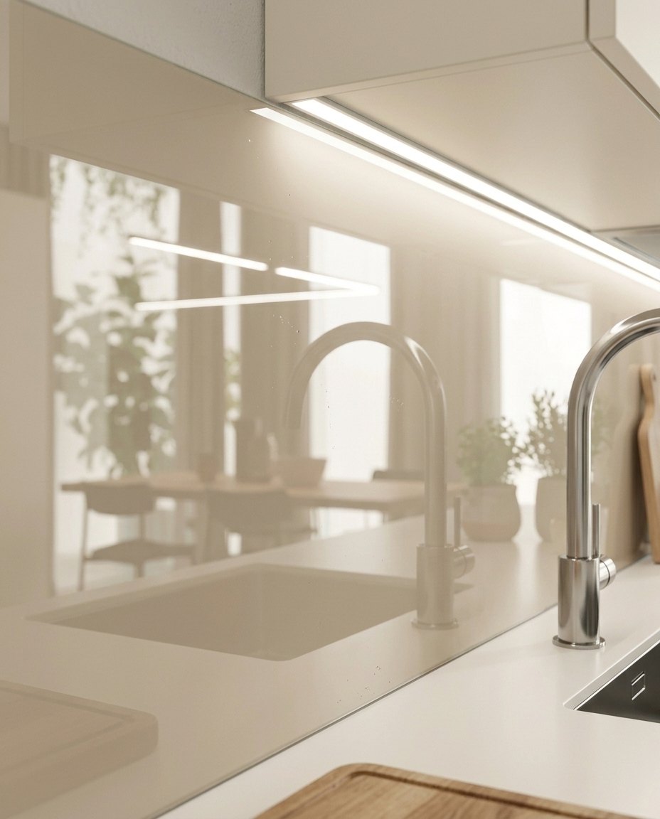 Dettaglio schienale in vetro lucido con illuminazione LED sottopensile, installazione Fondale