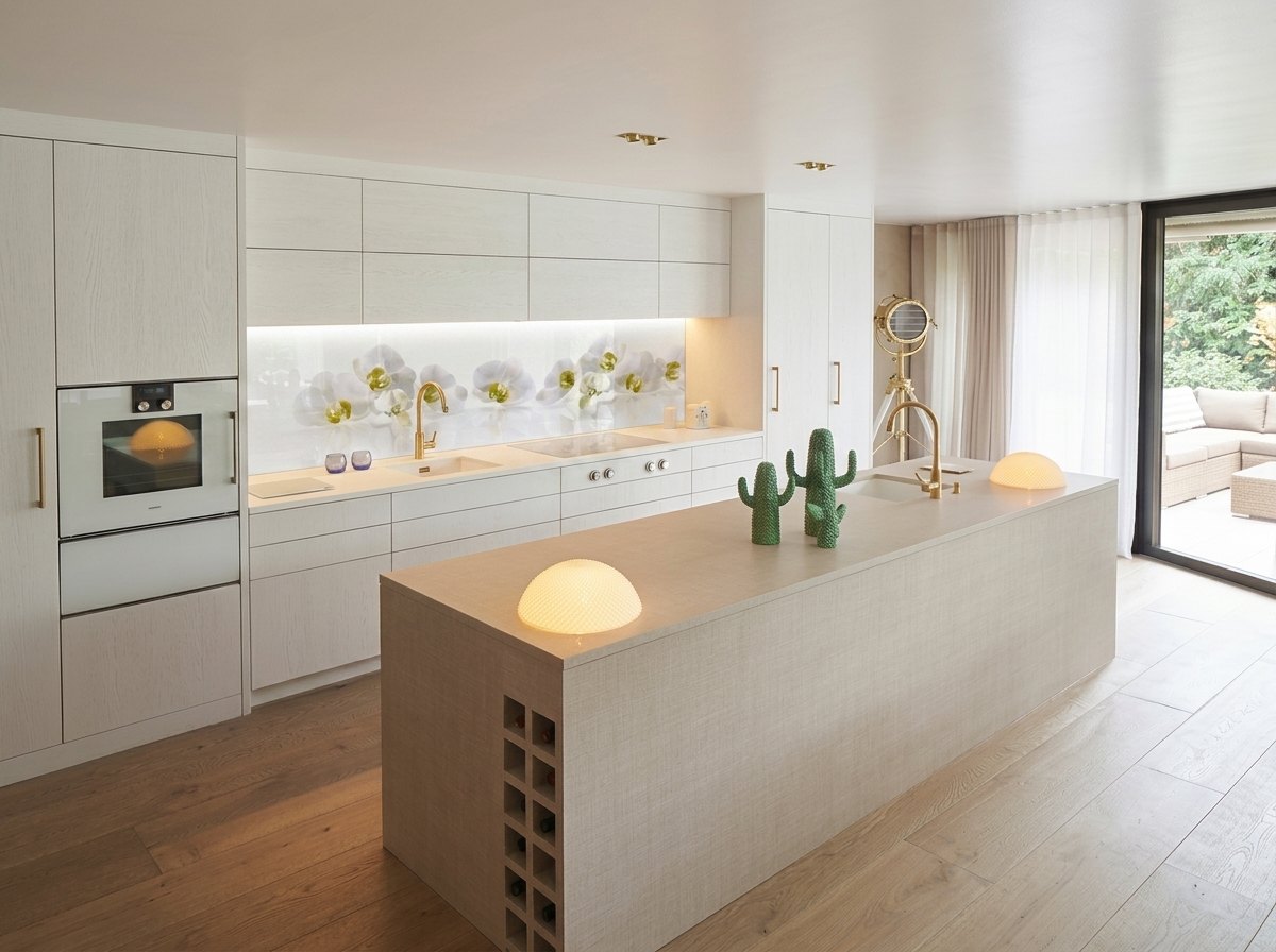Paraschizzi cucina in vetro su misura con decoro floreale delicato, installazione Fondale a Padova