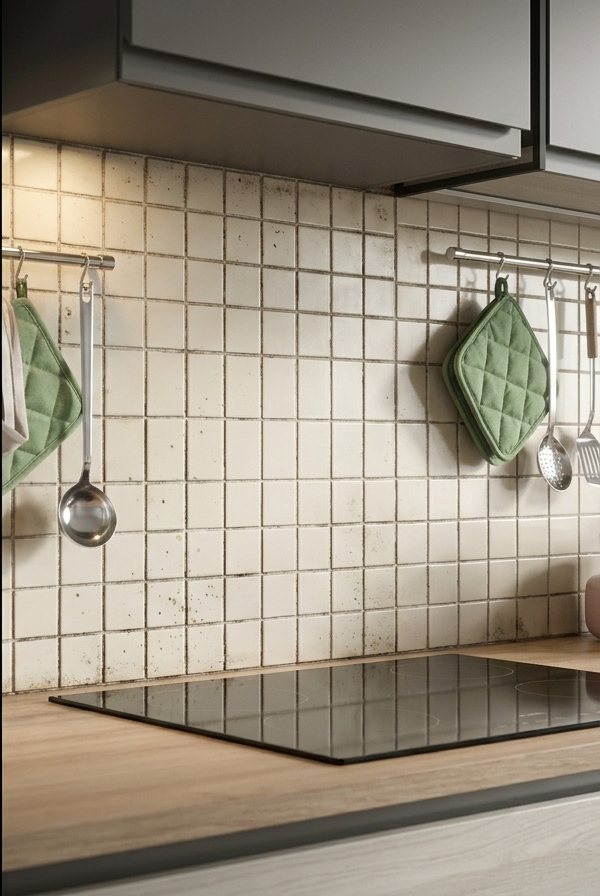 Fughe di piastrelle sporche e annerite in cucina, difficili da pulire